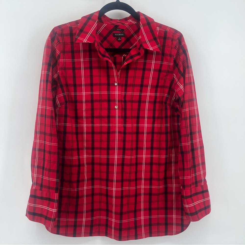 Talbots Plaid Dress Shirt Rhinestone Buttons Black Red Women's Size 8 Holiday